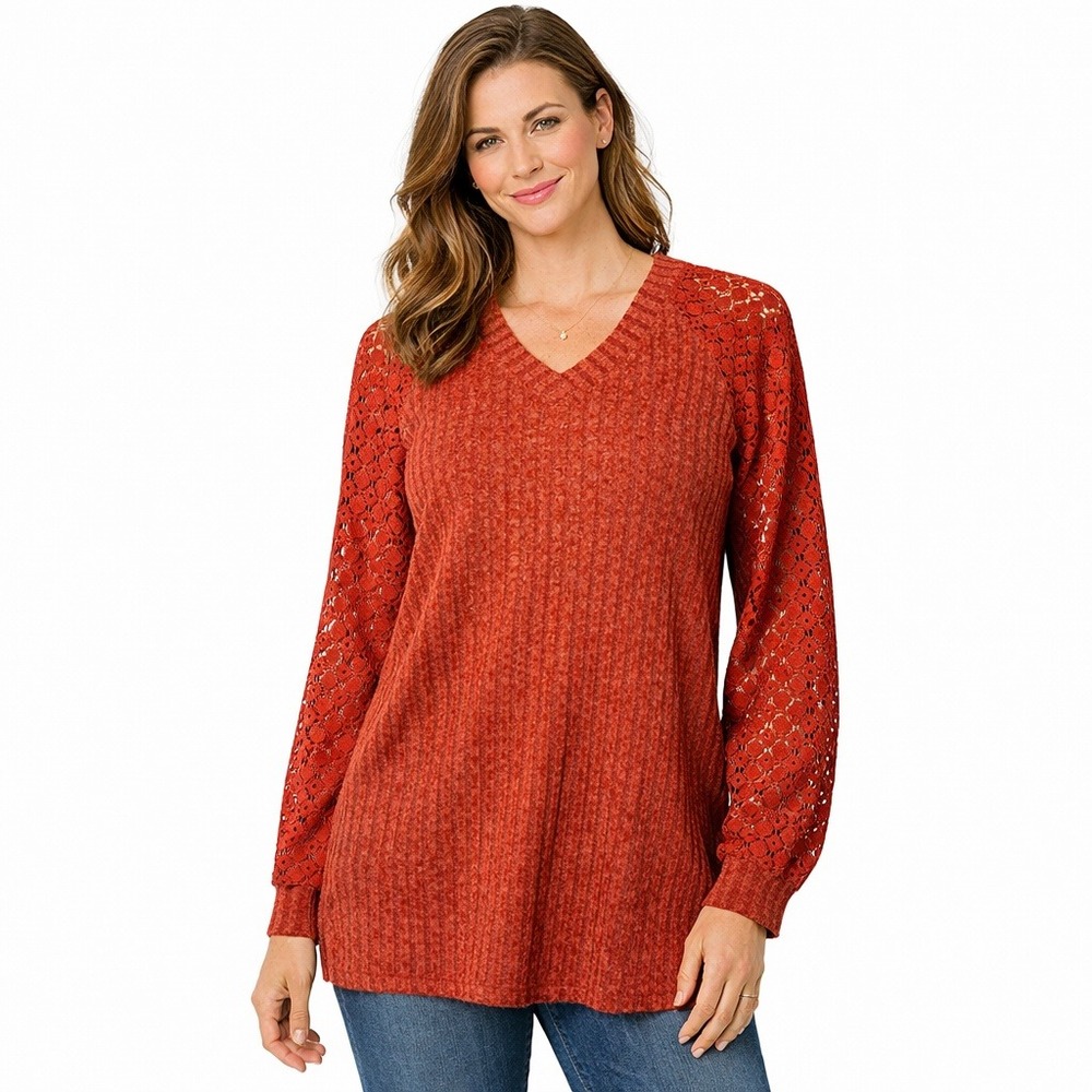 Automet Ribbed Crochet Lace Sleeve Top Womens Medium Burnt‎ Orange V-Neck Boho